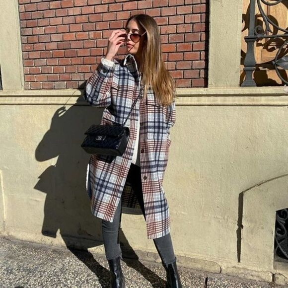 ZARA Long Plaid Jacket Overshirt Coat Bloggers - Picture 7 of 13